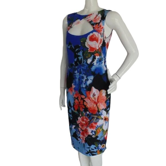 CACHE Dress, L, Blue, Red Floral, Twist neck, Sleeveless, Lined, Back Zip - Picture 4 of 12